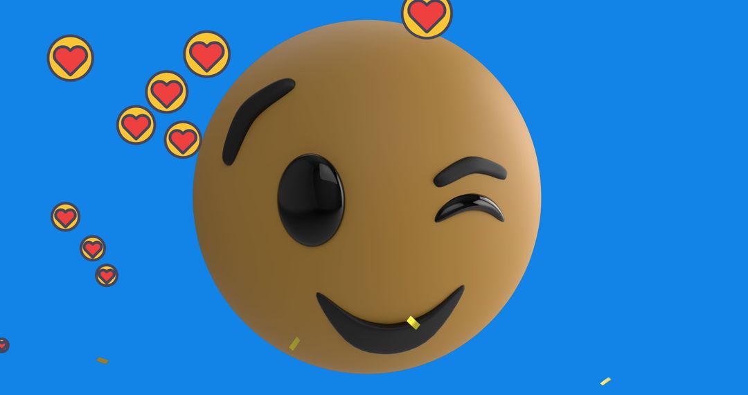Winking Emoji with Floating Hearts on Blue Background