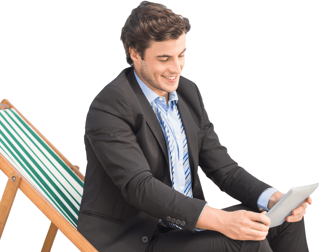 Caucasian Businessman Relaxing Using Tablet with Transparent Background