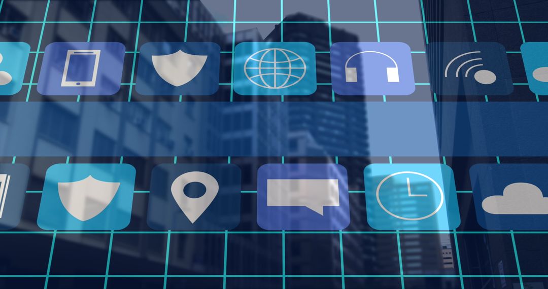 Digital Media and Communication Icons Overlay on Urban Cityscape