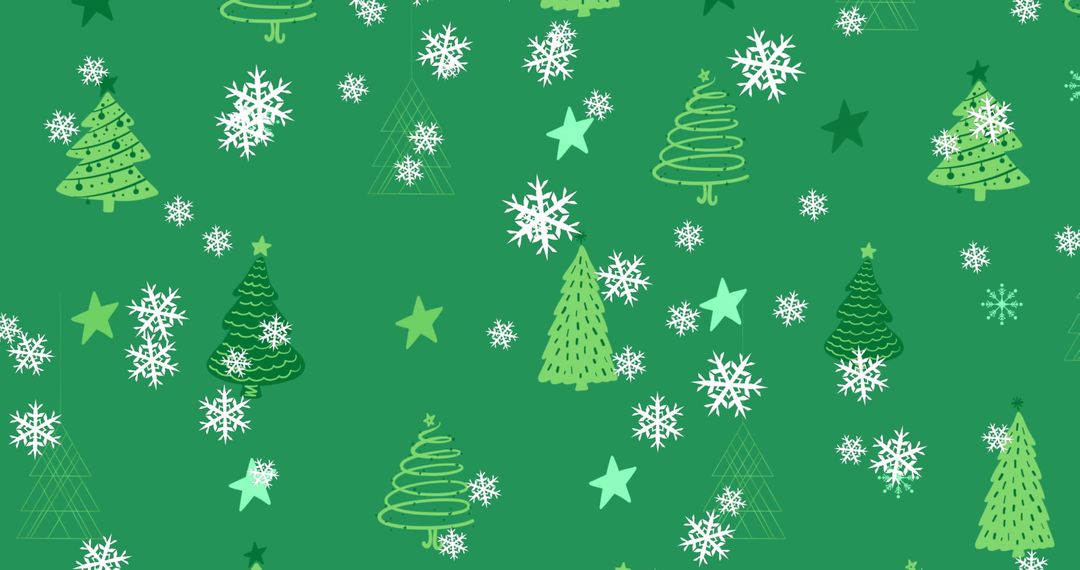 Festive Snowflakes and Trees Pattern on Green Background
