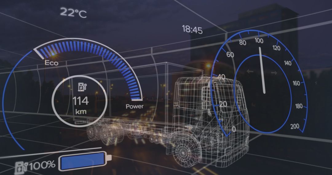 Augmented Reality HUD Displaying Vehicle Metrics Over City Background
