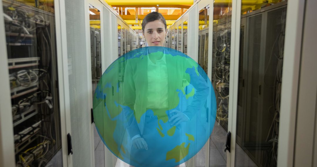Woman Engaging with Virtual Globe in Server Room for Network Innovation