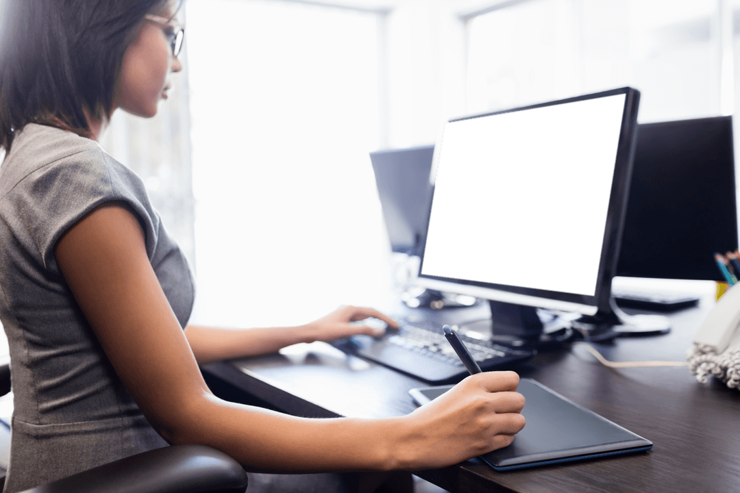 Woman Working at Office with Transparent Screen Monitor