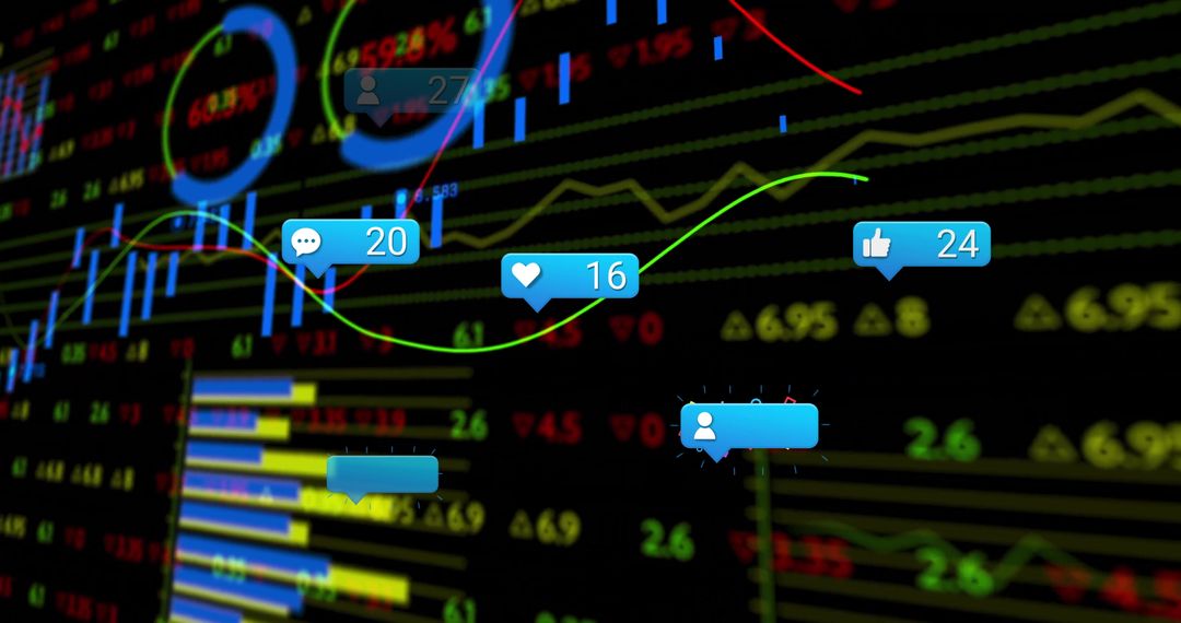 Digital Analytics Dashboard with Financial Chart Indicators and Social Media Icons