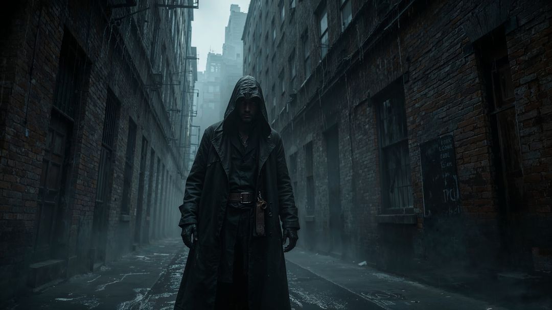 Hooded assassin figure in gritty urban alley with mysterious atmosphere