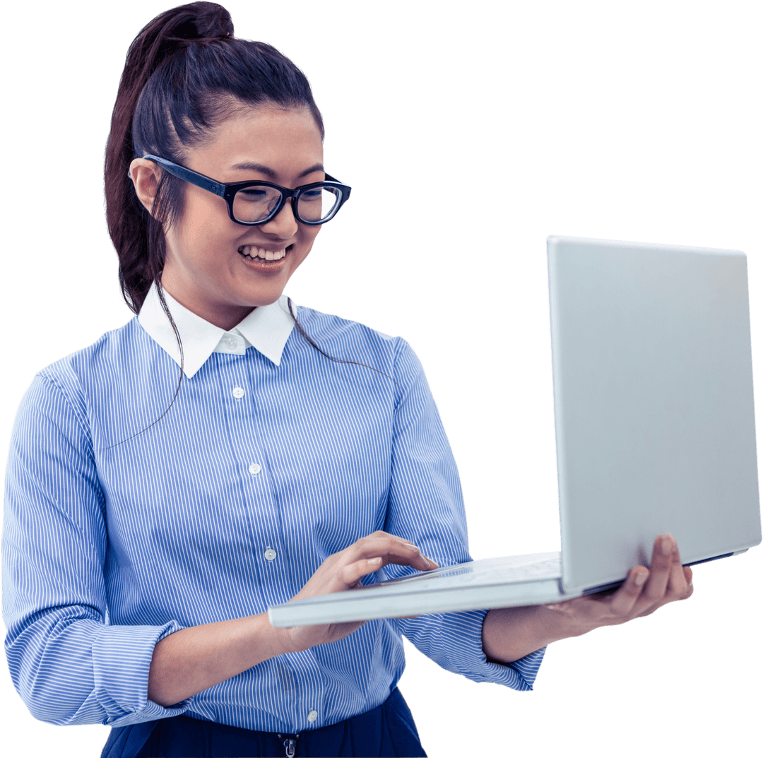 Happy Asian Businesswoman Using Transparent Laptop in Office