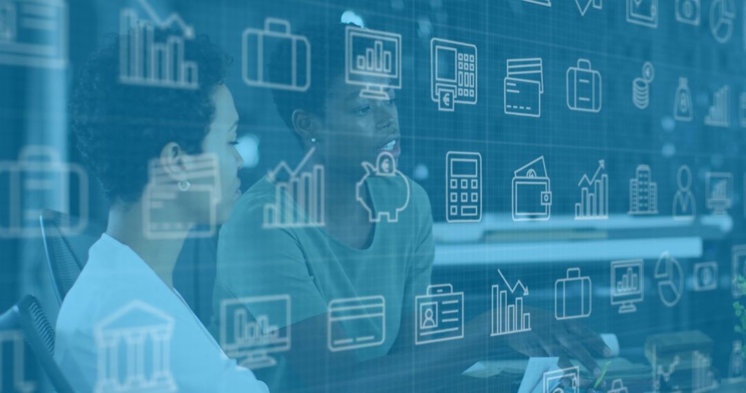 Diverse Business Professionals Engaging with Digital Interface Icons