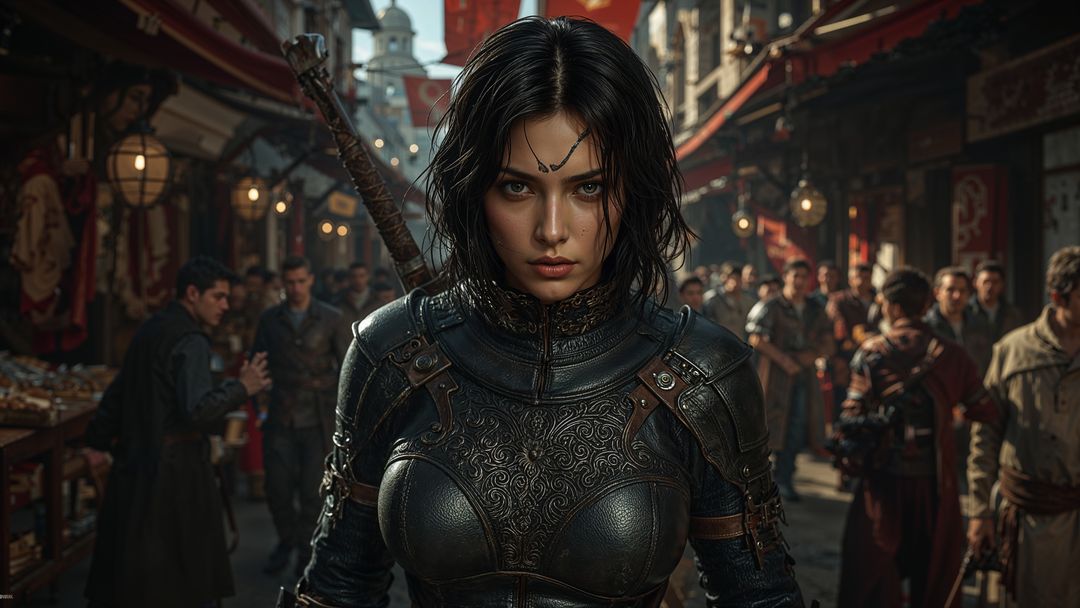 Determined assassin warrior in medieval marketplace ready for adventure