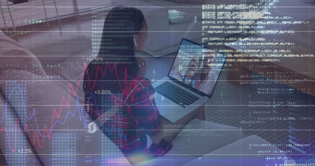 Woman Making Video Call Amidst Digital Financial Graphs