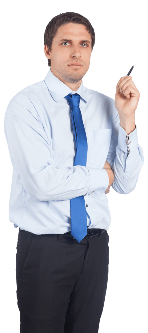 Serious Caucasian Businessman Holding Pen on Transparent Background