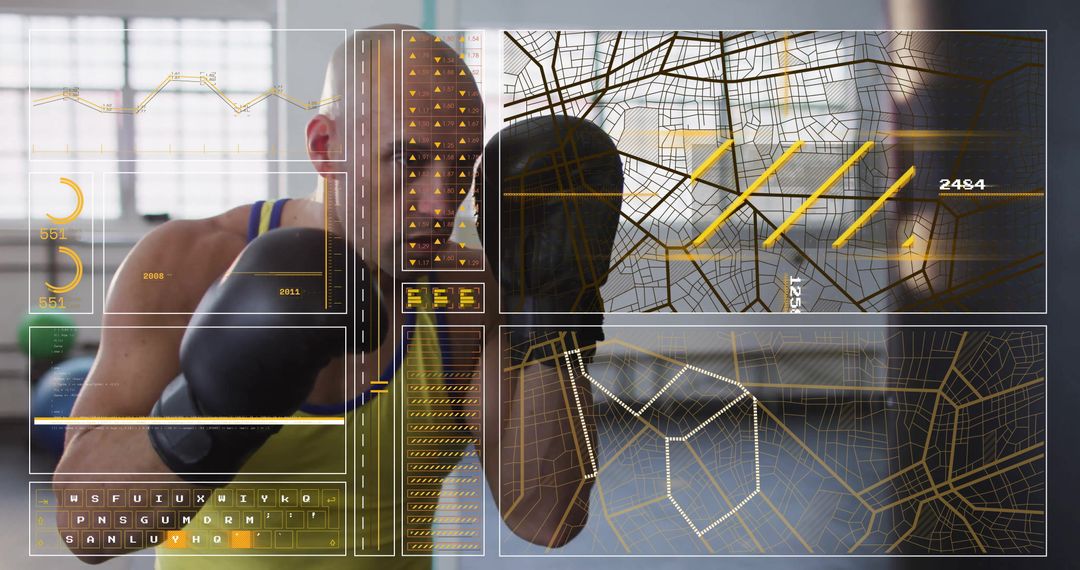 Boxer Practicing with Futuristic HUD Display in Modern Gym