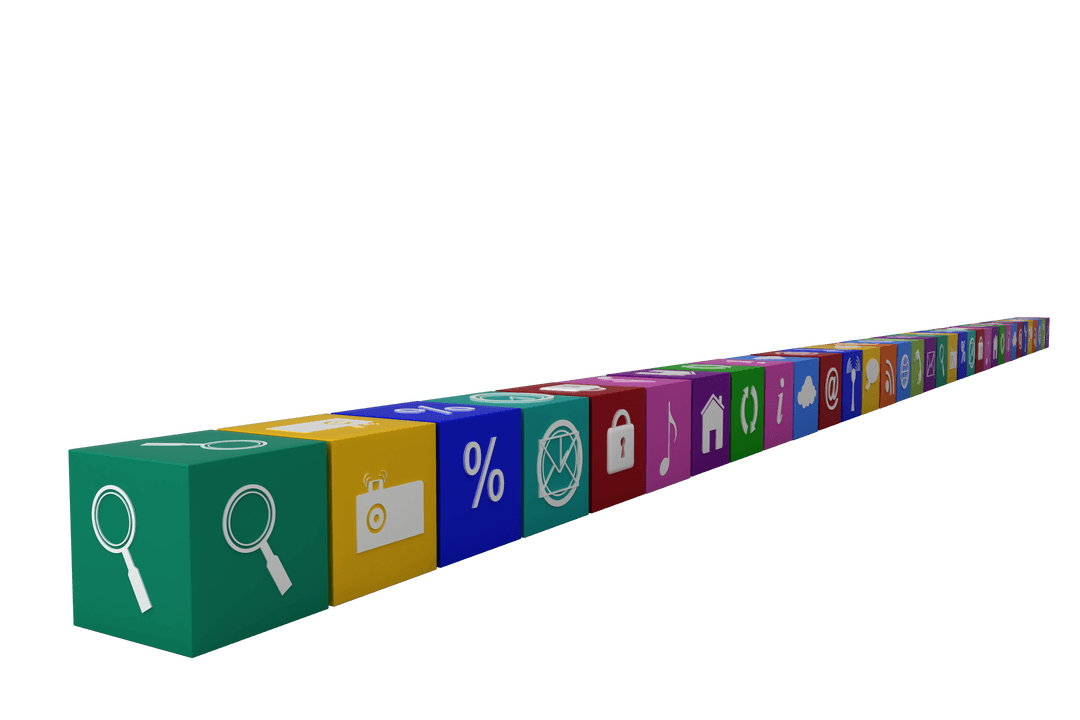 Digital Media Icons on Transparent Background in Long Row