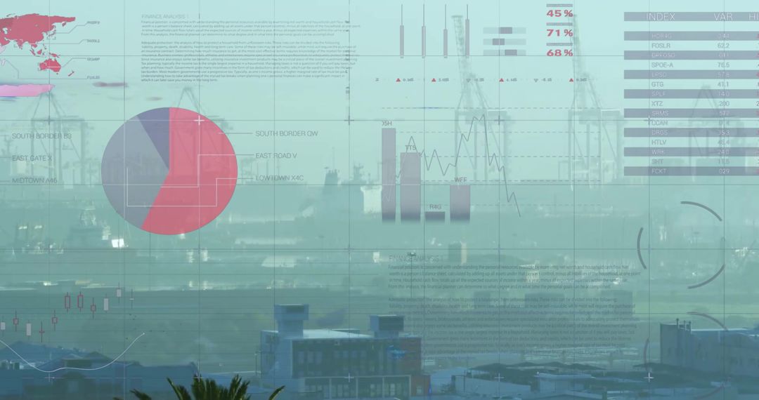 Digital Financial Analytics Displayed Over Cityscape