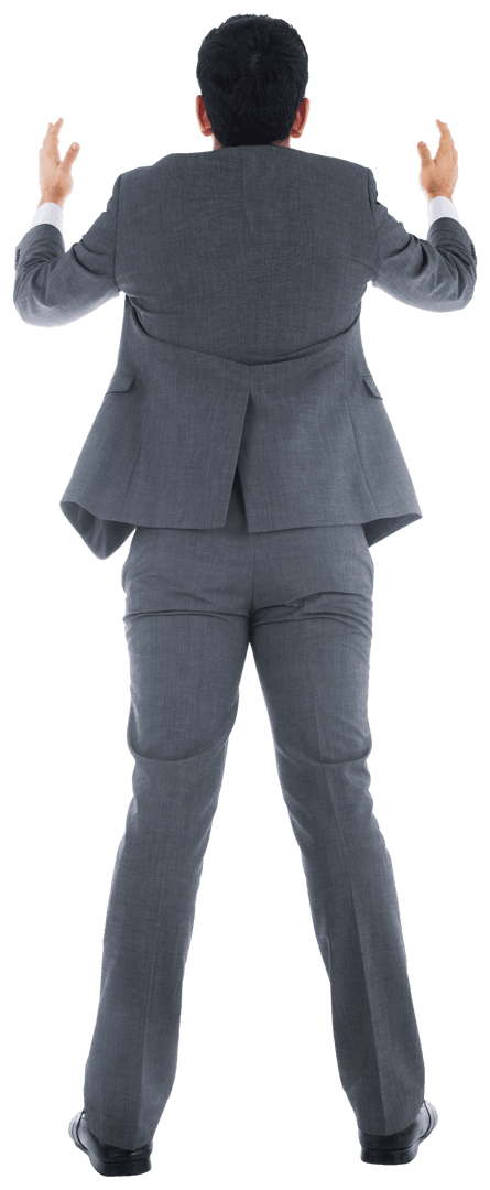 Rear View Transparent Asian Businessman in Suit Reaching Up