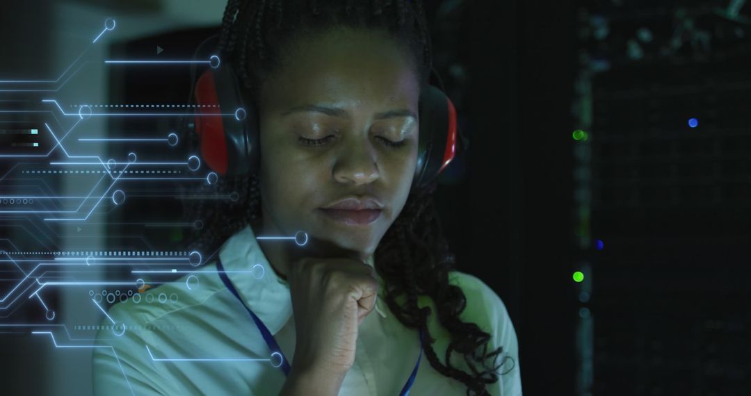 African Woman Engineer Analyzing Data in Server Room With Digital Overlay