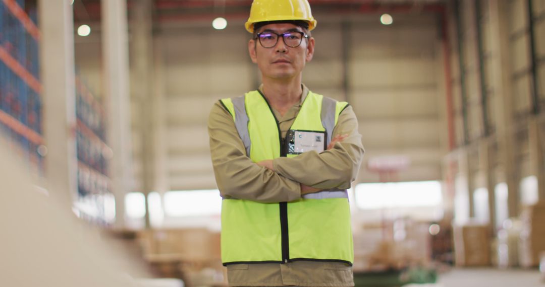 Confident Warehouse Worker in Safety Gear Standing in Large Storage Facility - Free Images, Stock Photos and Pictures on Pikwizard.com