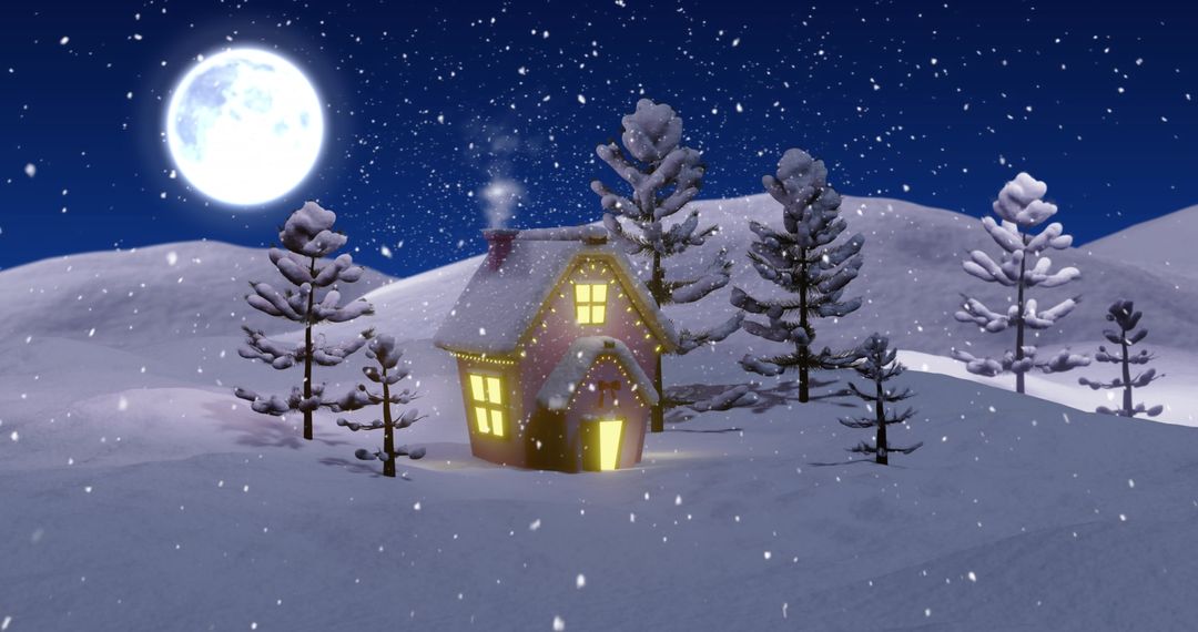 Snowy Winter Night with Cozy Cabin Under Moonlight