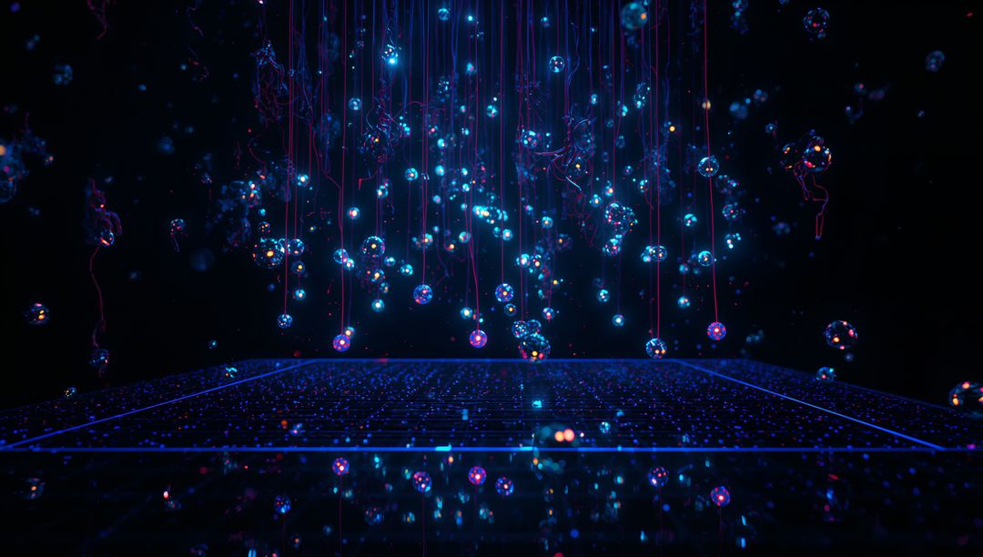 Futuristic Digital Spheres Above Neon Grid Platform