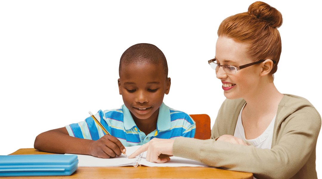 Teacher and Schoolboy Collaborating on Homework Transparent Background