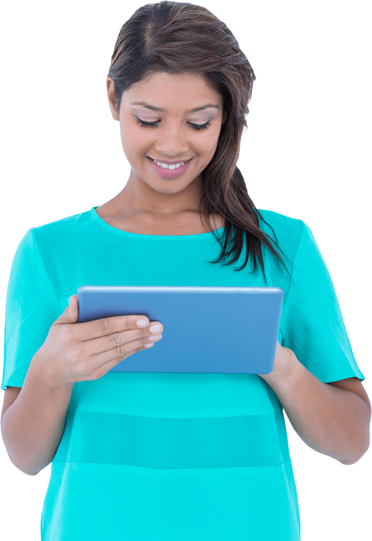 Transparent Woman Using Tablet with Happy Expression