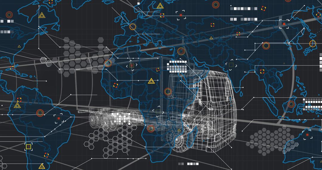 Wireframe Truck Driving Across Global Data Map Showing Logistics Network and Telemetry