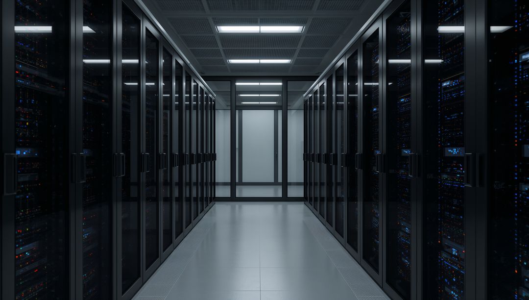 Modern Data Center with Advanced Server Racks and LED Lighting