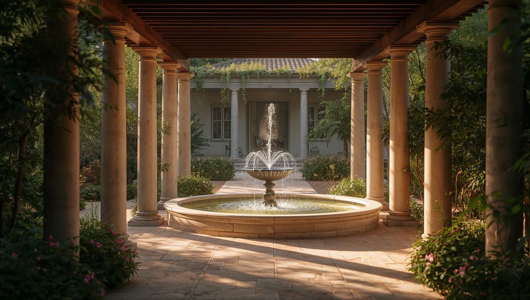 Sunlit Mediterranean courtyard featuring tiered stone fountain under colonnade and pergola