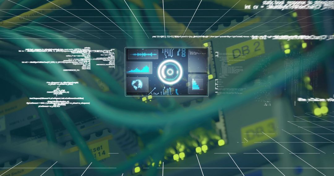 Futuristic Digital Interface Overlay on Computer Server