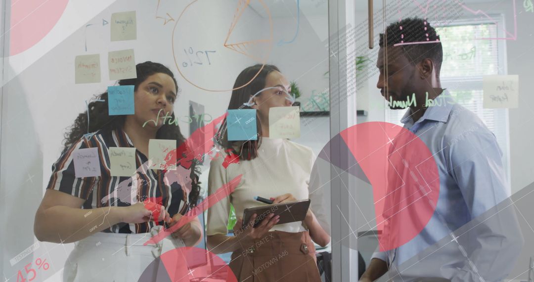 Diverse Colleagues Collaborating with Infographic Interface