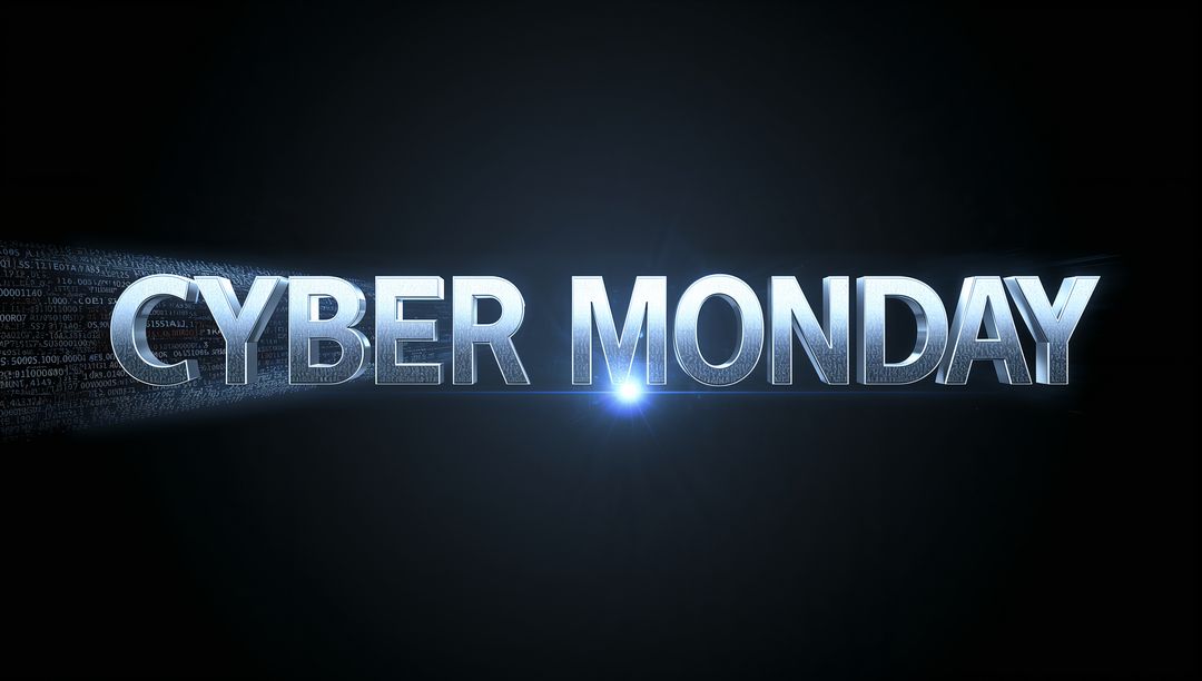Futuristic 3D Metallic CYBER MONDAY Logotype with Digital Code Stream and Blue Lens Flare