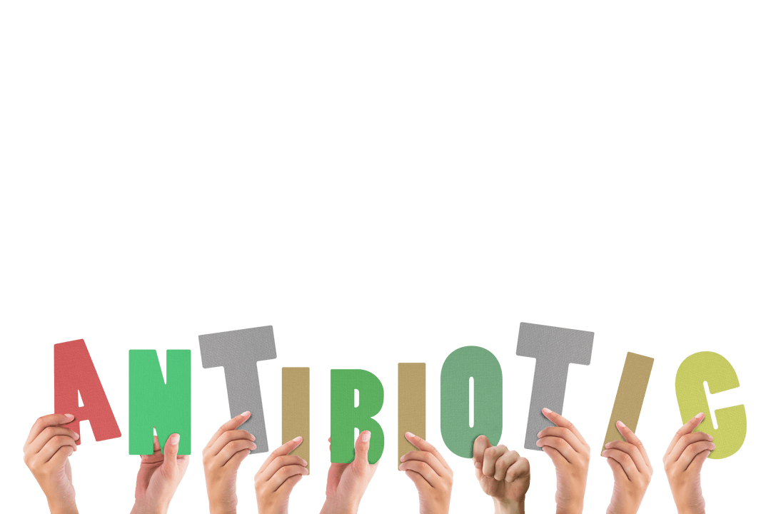 Hands Holding Colorful Antibiotics Text on Transparent Background