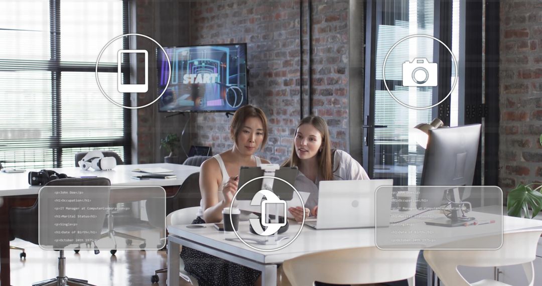 Digital Collaboration in Modern Office Setting with Tech Overlays