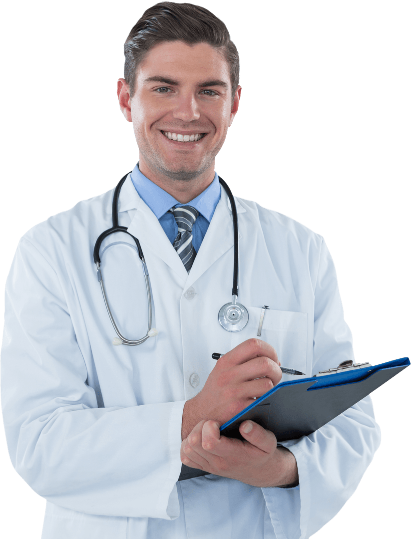 Cheerful Doctor Writing Patient Notes on Transparent Background