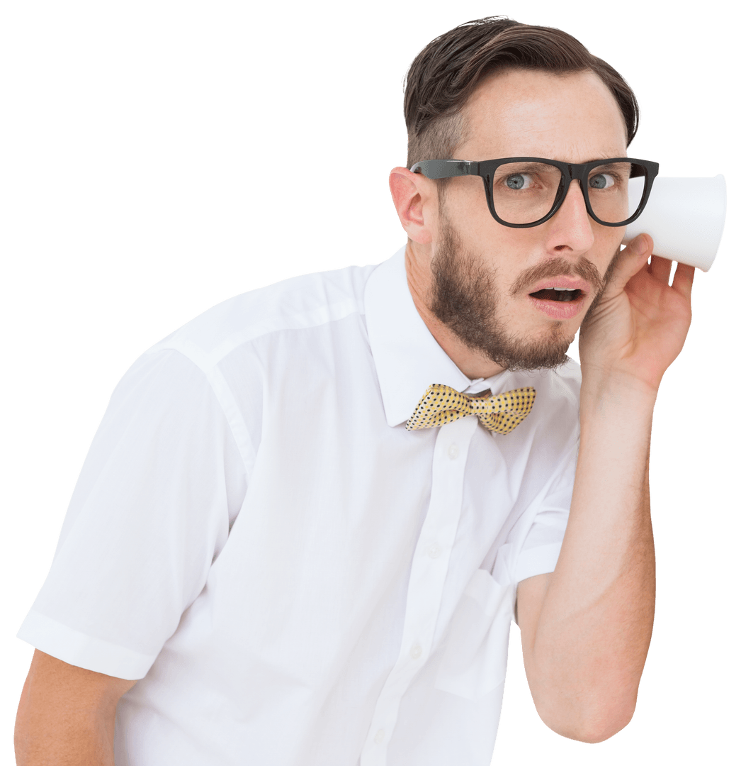 Transparent Geeky Businessman Eavesdropping with Cup Listening Curiously