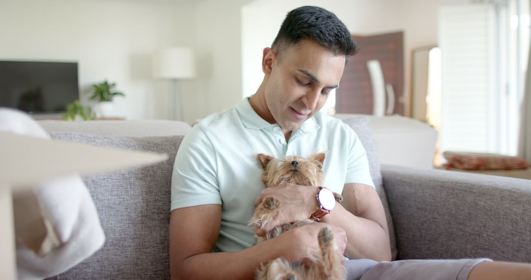 Man Relaxing on Sofa While Holding a Small Dog - Free Images, Stock Photos and Pictures on Pikwizard.com