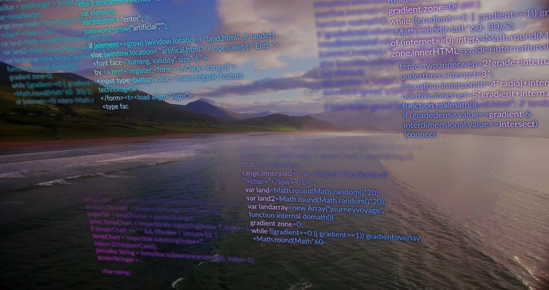 Digital Data Lines Over Scenic Ocean Vista