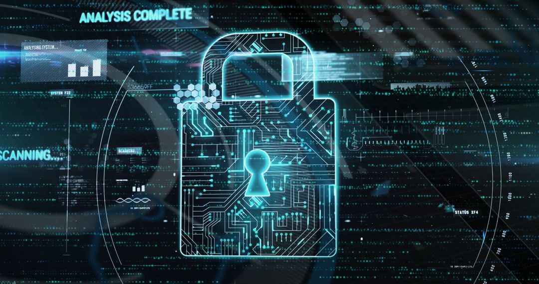 Futuristic Digital Security Concept with Being Displaced Circuit Lock Hologram