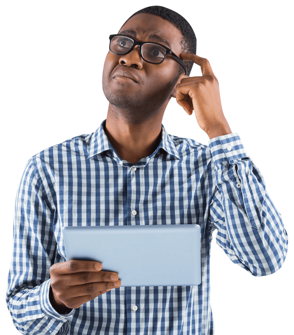 Transparent Businessman Thinking with Tablet for Analytical Concepts