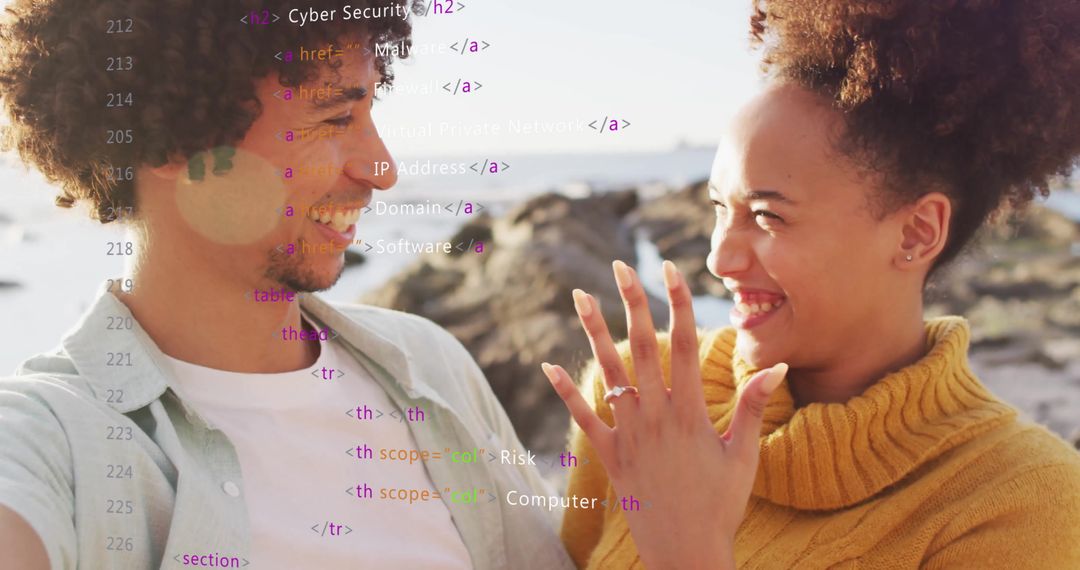 Joyful Afro American Couple at Beach with Digital Data Overlay