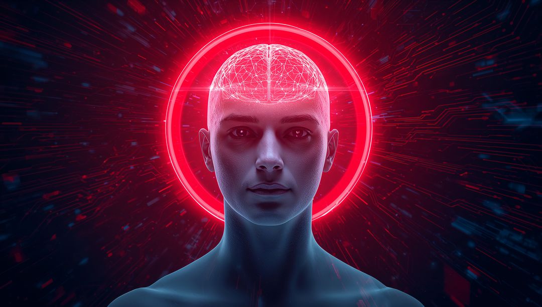 Futuristic Human Head with Virtual Wireframe Brain in Red Halo