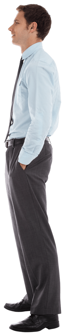Profile of Smiling Businessman with Hands in Pockets on Transparent Background