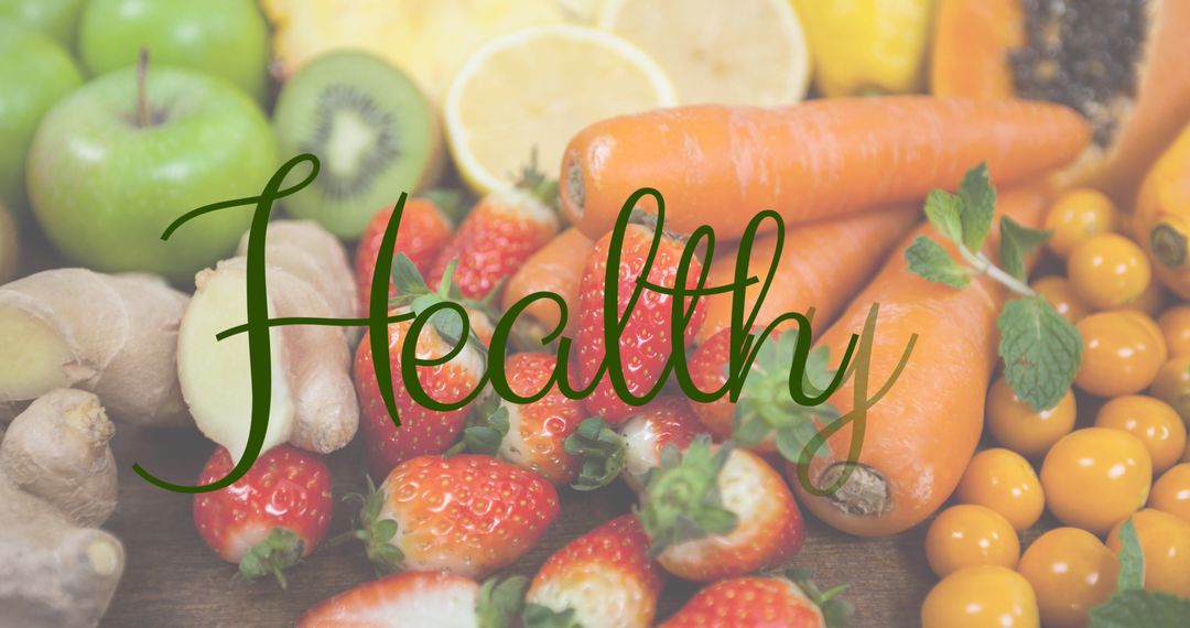 Fresh Fruits and Vegetables with Healthy Text Overlay