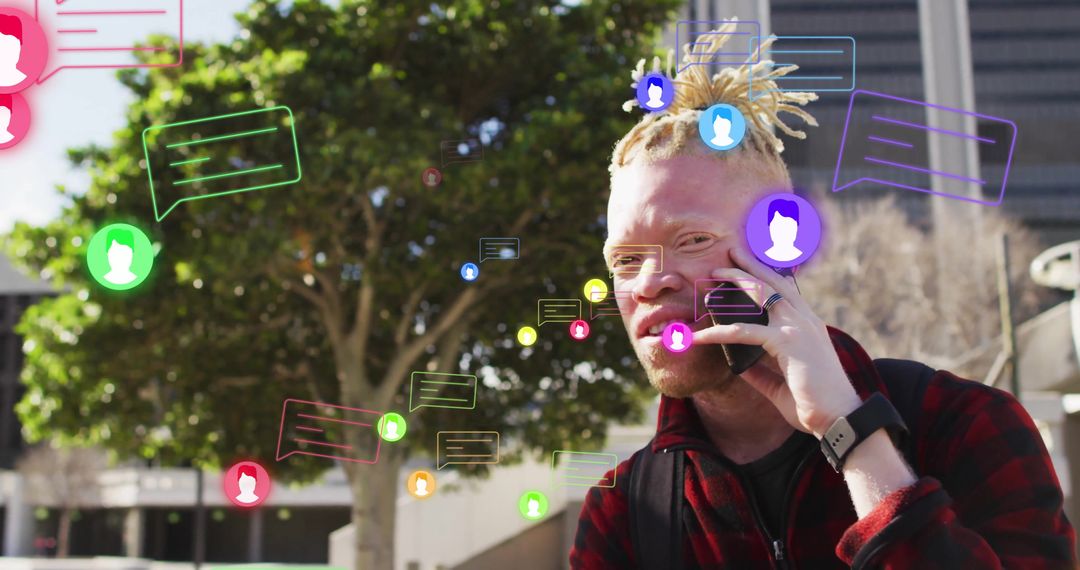 African American Man Chatting on Smartphone with Virtual Bubbles