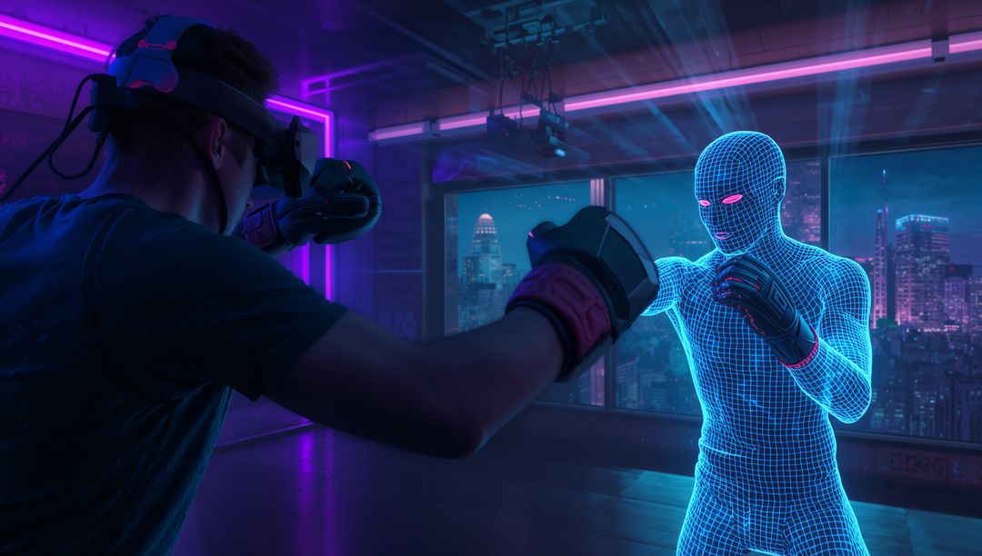 Man Engaging in Virtual Reality Boxing in Futuristic Studio