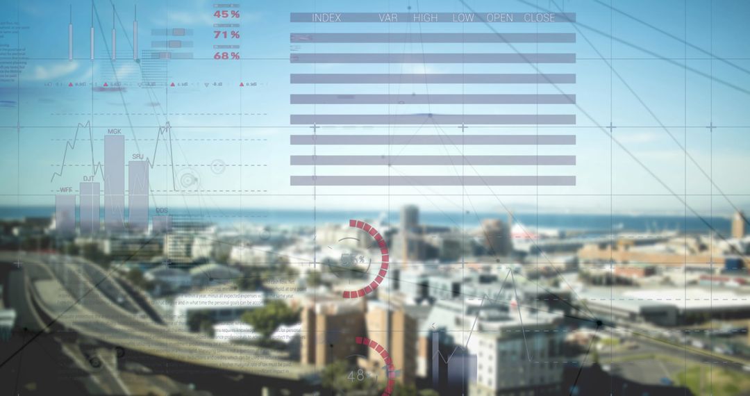 Business Infographics Over Cityscape with Data Metrics