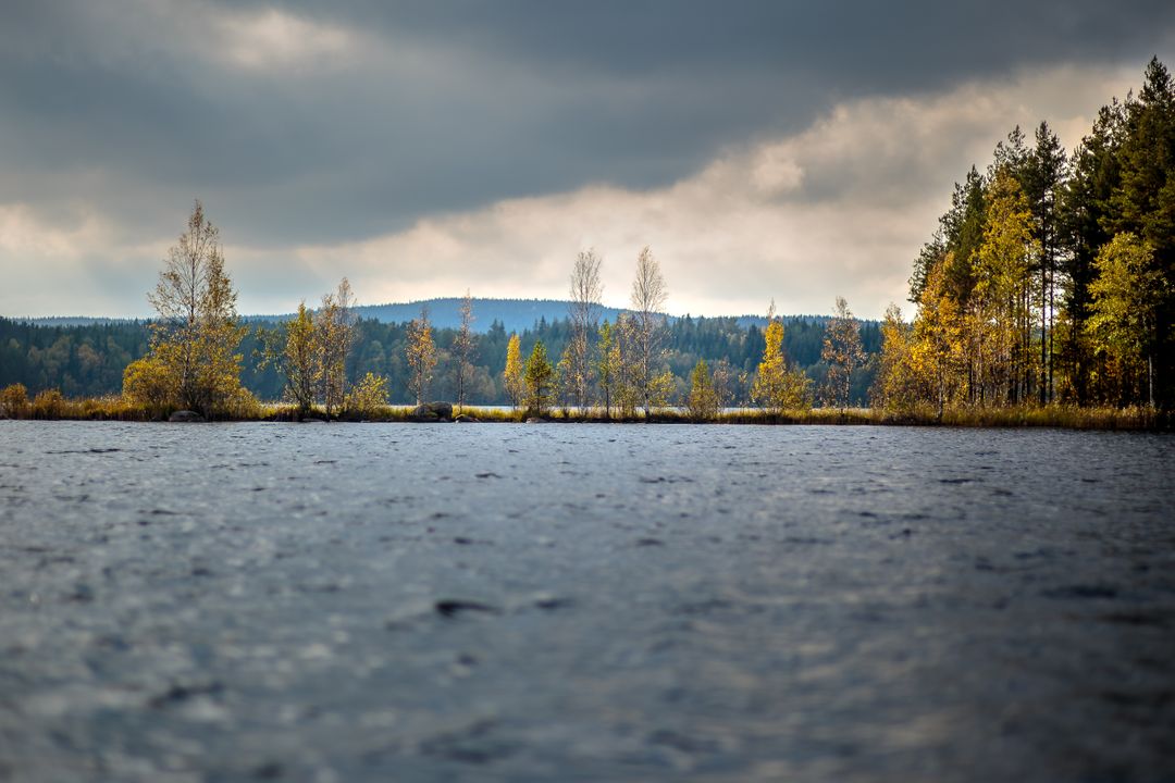 Calm Autumn Lake with Forested Shoreline under Cloudy Sky - Free Images, Stock Photos and Pictures on Pikwizard.com