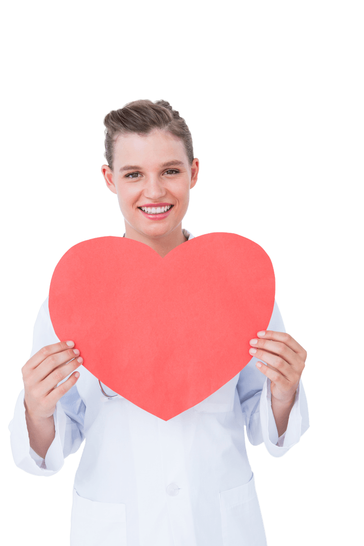 Smiling Doctor Holding Transparent Heart Card, Emphasizing Healthcare