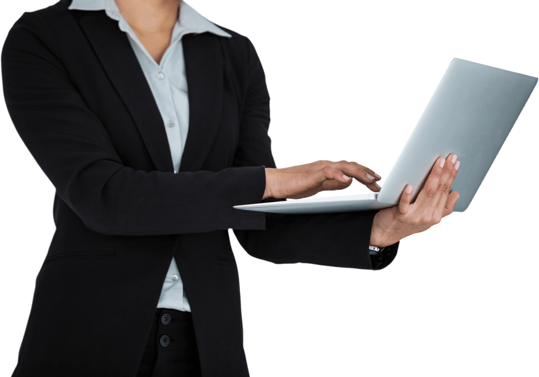 Transparent Businesswoman Typing on Laptop in Formal Attire