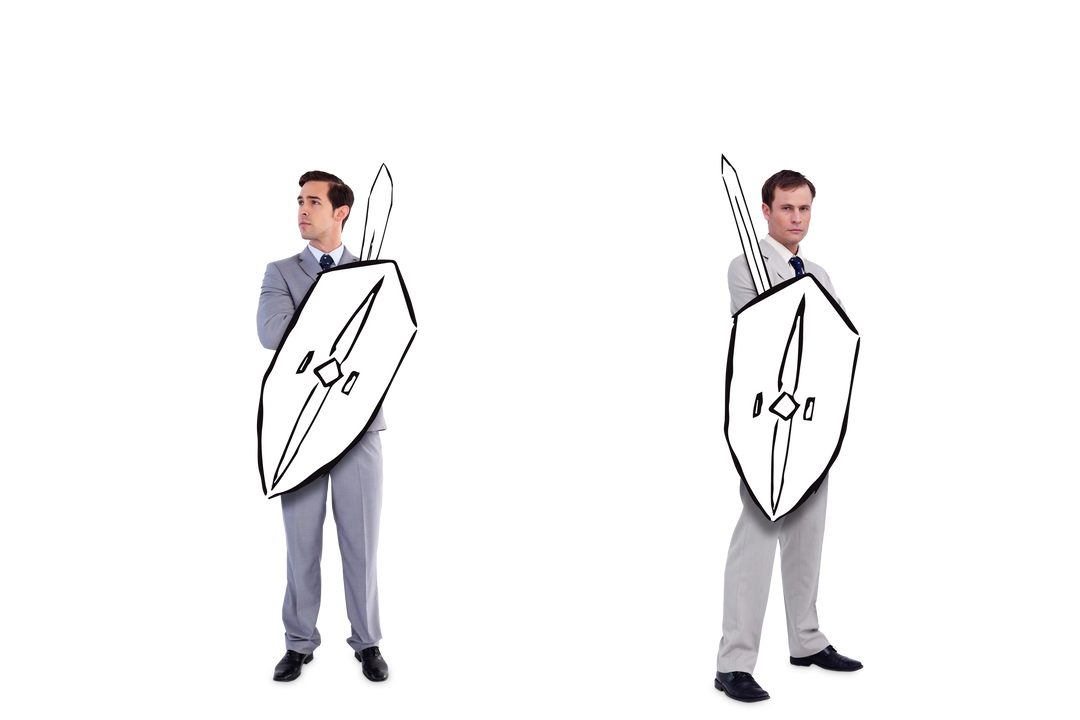 Caucasian Businessmen With Swords and Shields Transparent Illustration - Download Free Stock Images Pikwizard.com