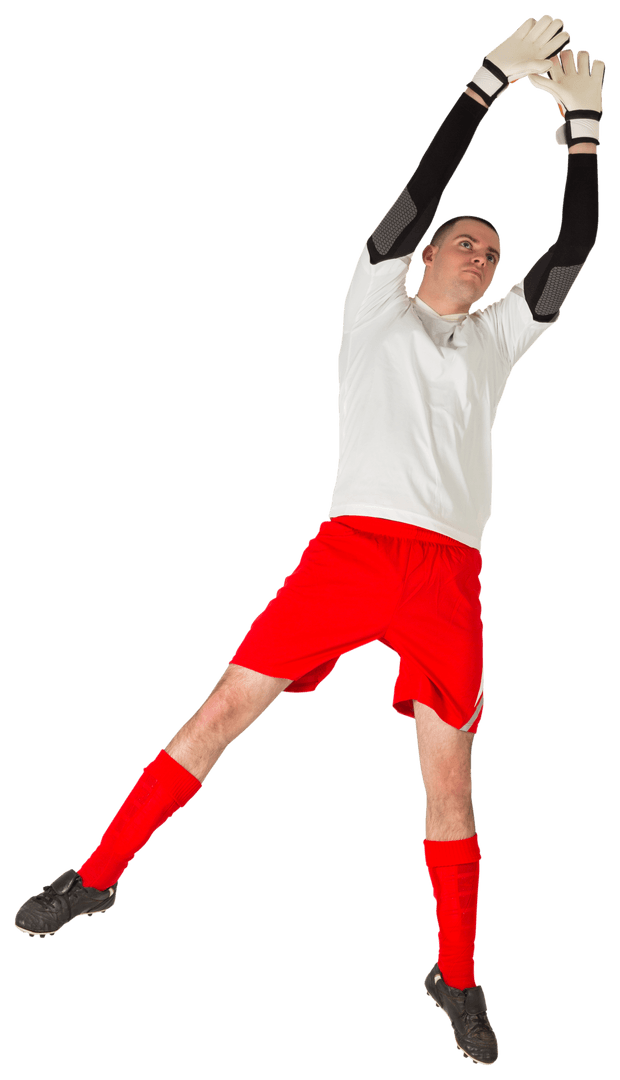 Focused Goalkeeper Jumping Catch on Transparent Background